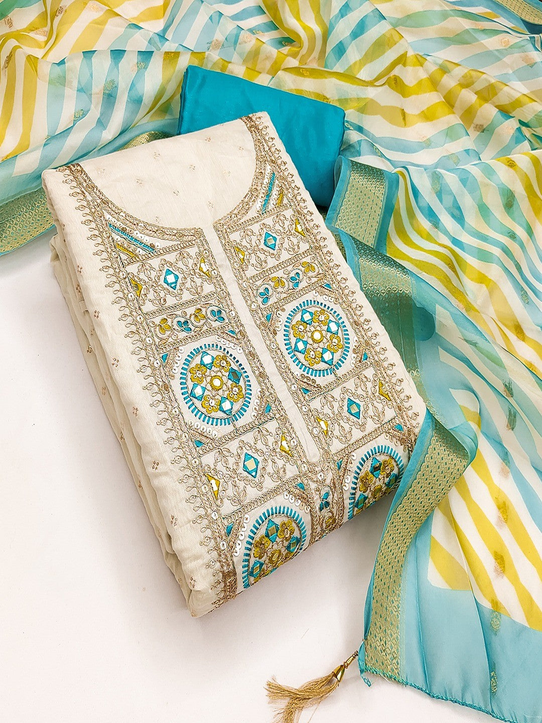 Elegant Cream & Blue Butti Weaving Chanderi Silk Dress Material With Cording Sequins Embroidery - Image 1
