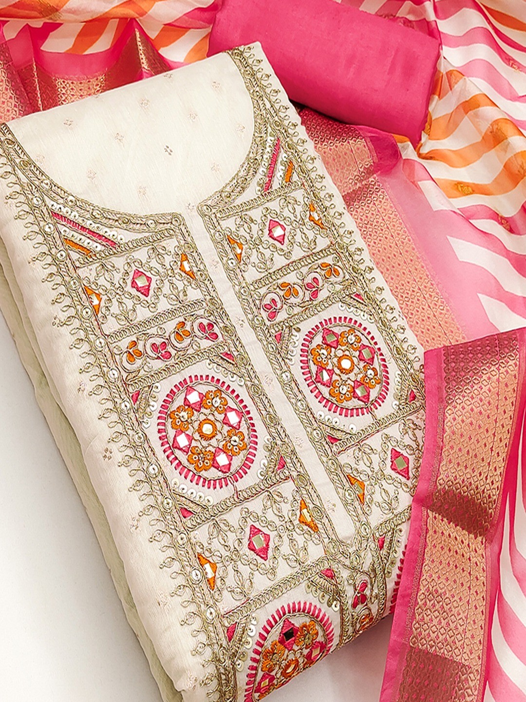 Elegant Cream & Pink Butti Weaving Chanderi Silk Dress Material With Cording Sequins Embroidery - Image 5