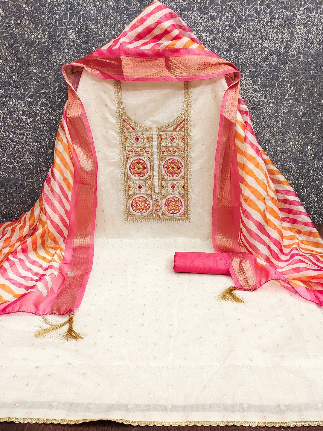 Elegant Cream & Pink Butti Weaving Chanderi Silk Dress Material With Cording Sequins Embroidery - Image 3