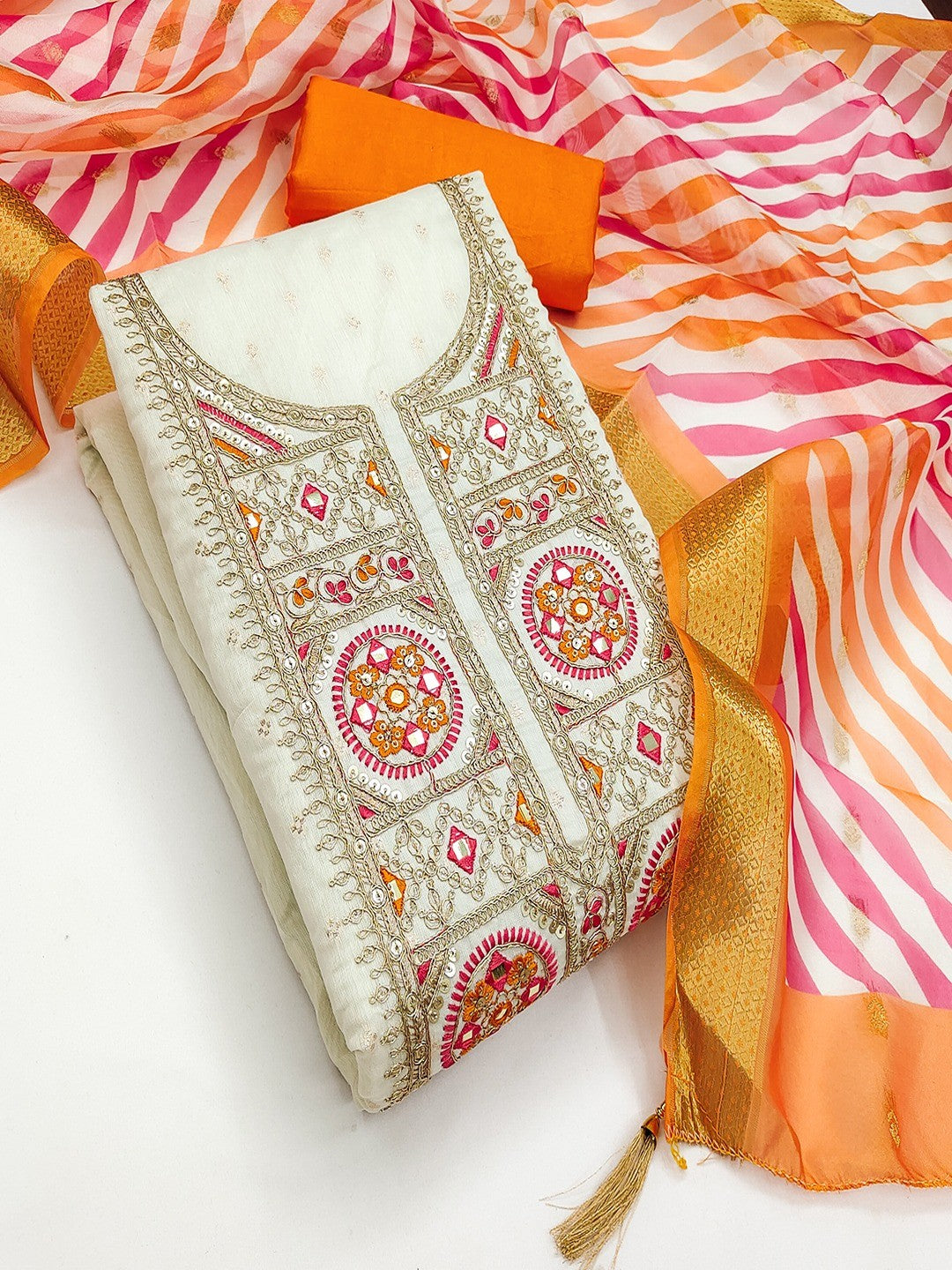 Elegant Cream & Orange Butti Weaving Chanderi Silk Dress Material With Cording Sequins Embroidery - Image 1