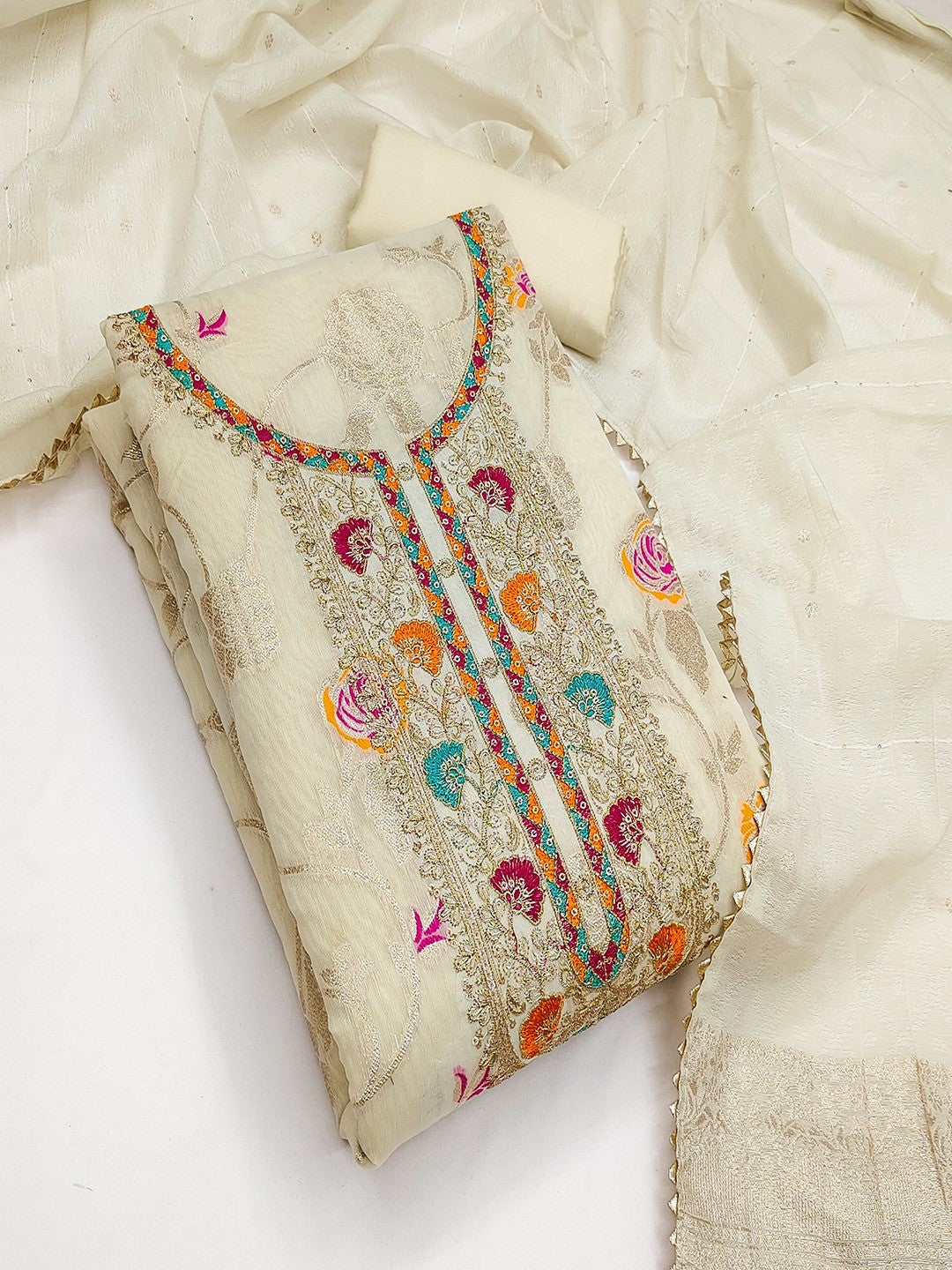 Elegant Cream Floral Weaving Meenakari Jacquard Dress Material With Intricate Cording Embroidery - Image 1