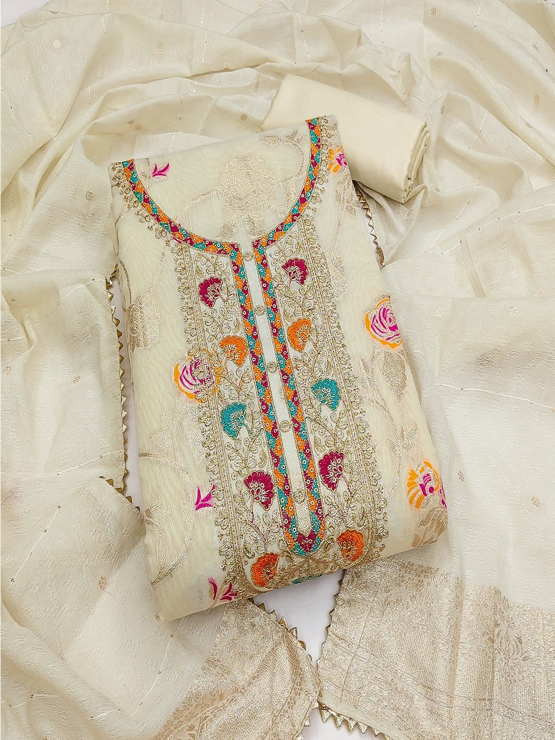 Elegant Cream Floral Weaving Meenakari Jacquard Dress Material With Intricate Cording Embroidery - Image 3