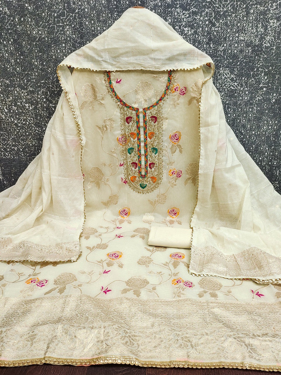 Elegant Cream Floral Weaving Meenakari Jacquard Dress Material With Intricate Cording Embroidery - Image 3