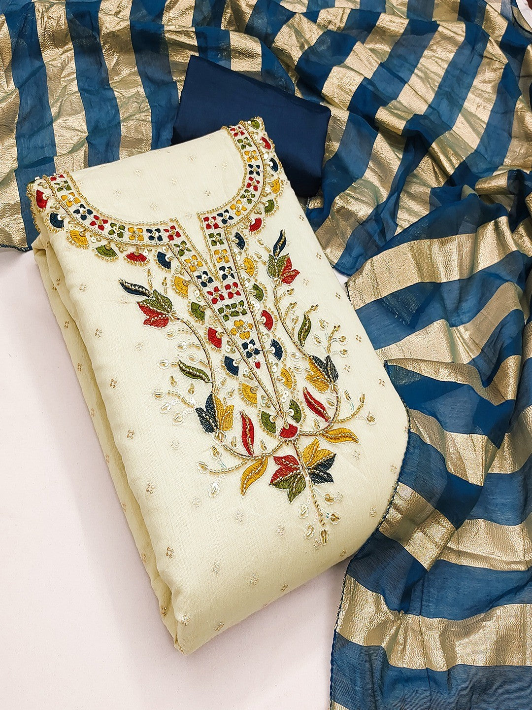 Graceful Cream & Blue Butti Woven Chanderi Silk Dress Material With Beads & Sequins Embroidery - Image 1
