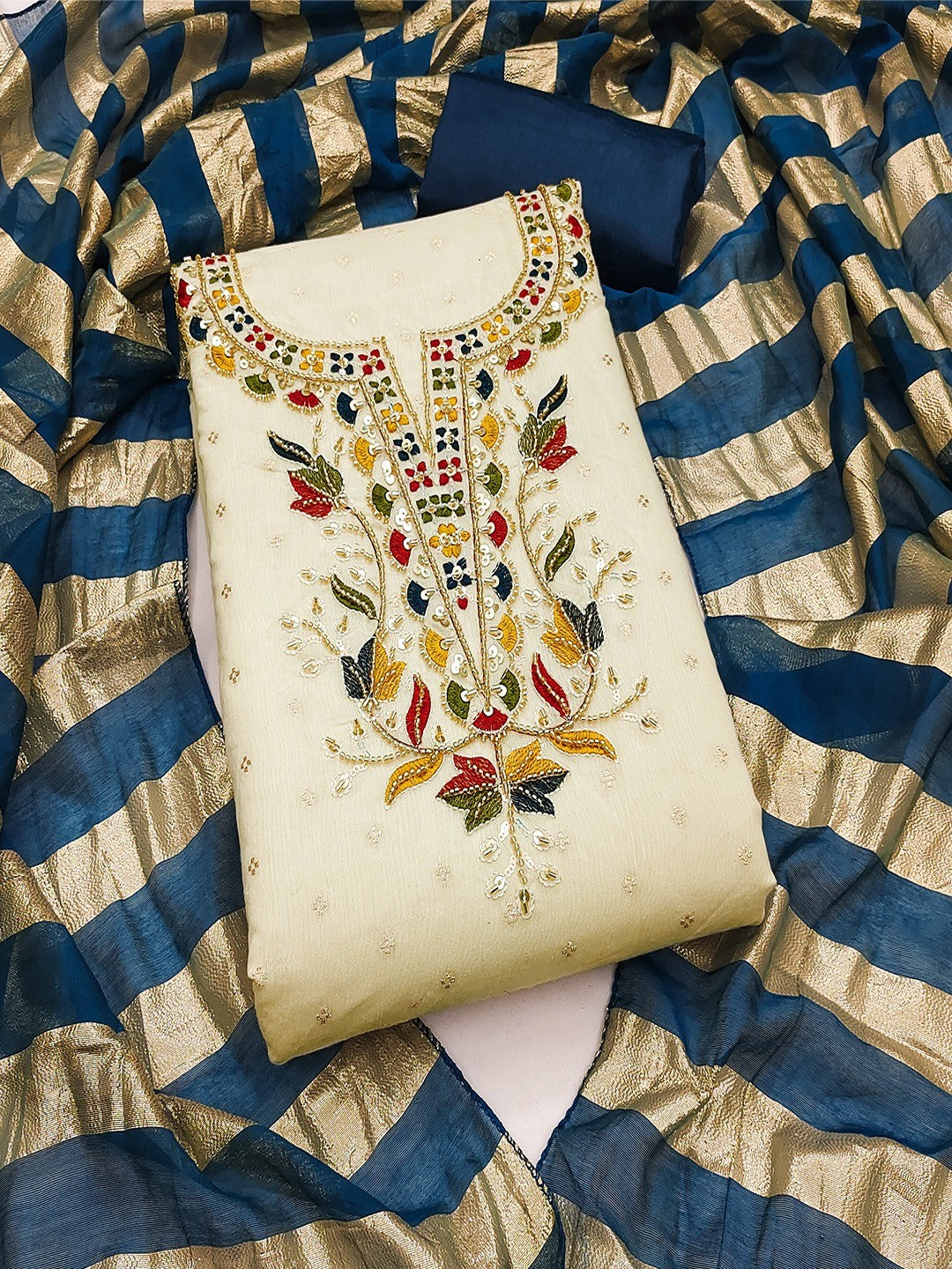 Graceful Cream & Blue Butti Woven Chanderi Silk Dress Material With Beads & Sequins Embroidery - Image 3