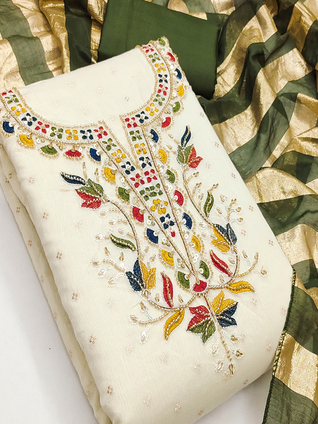 Graceful Cream & Green Butti Woven Chanderi Silk Dress Material With Beads & Sequins Embroidery - Image 4