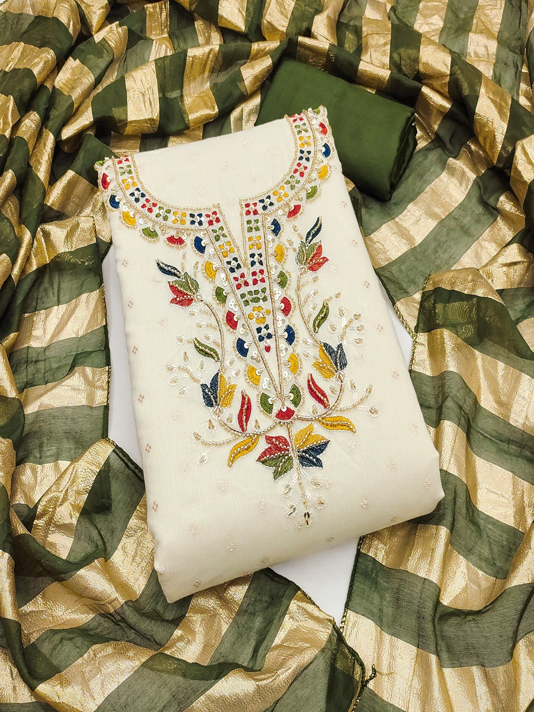 Graceful Cream & Green Butti Woven Chanderi Silk Dress Material With Beads & Sequins Embroidery - Image 3