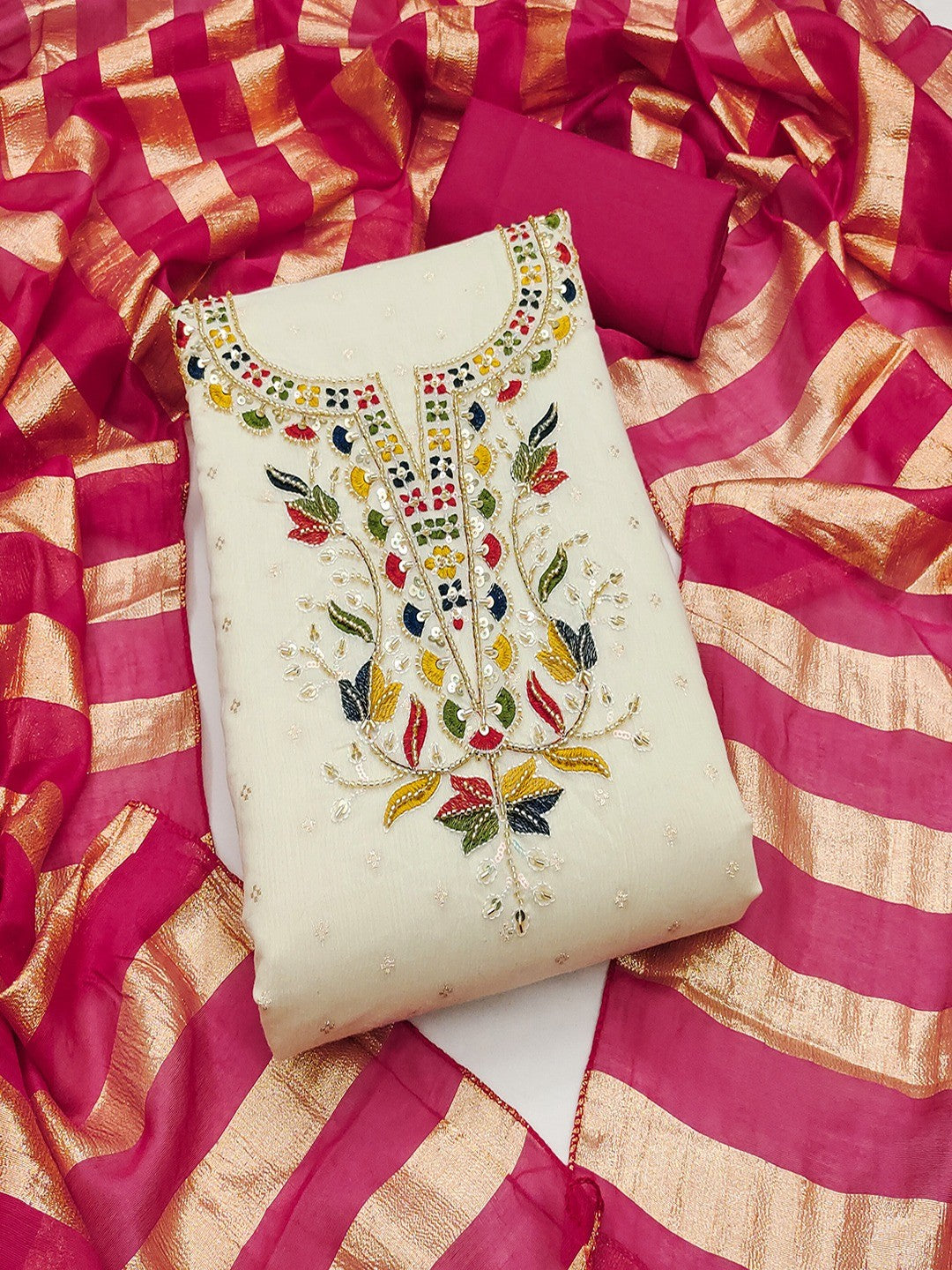 Graceful Cream & Pink Butti Woven Chanderi Silk Dress Material With Beads & Sequins Embroidery - Image 3