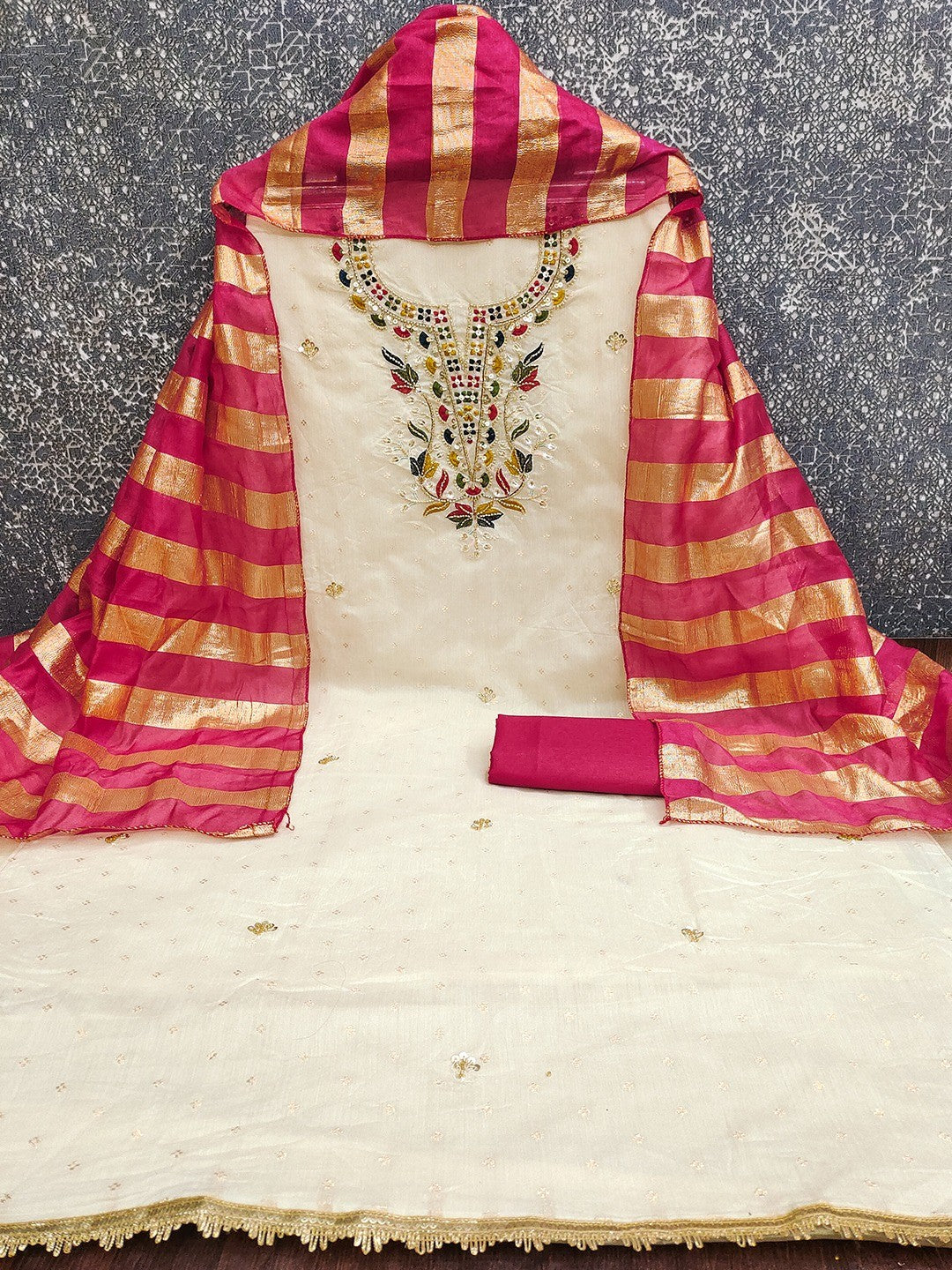 Graceful Cream & Pink Butti Woven Chanderi Silk Dress Material With Beads & Sequins Embroidery - Image 2