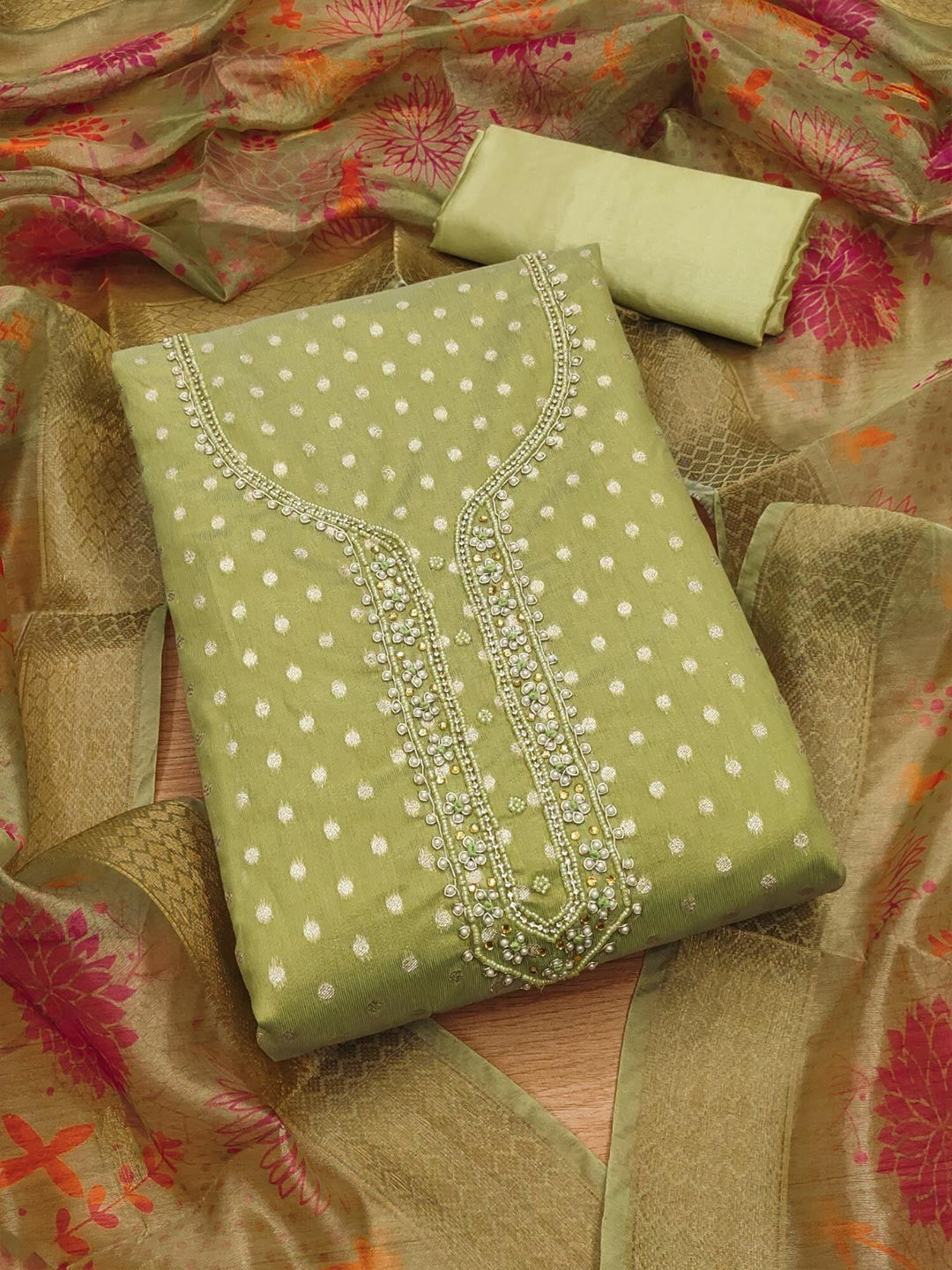 Premium Green Woven Shimmer Dress Material Enhanced With Delicate Moti Beads & Stone Handwork - Image 4