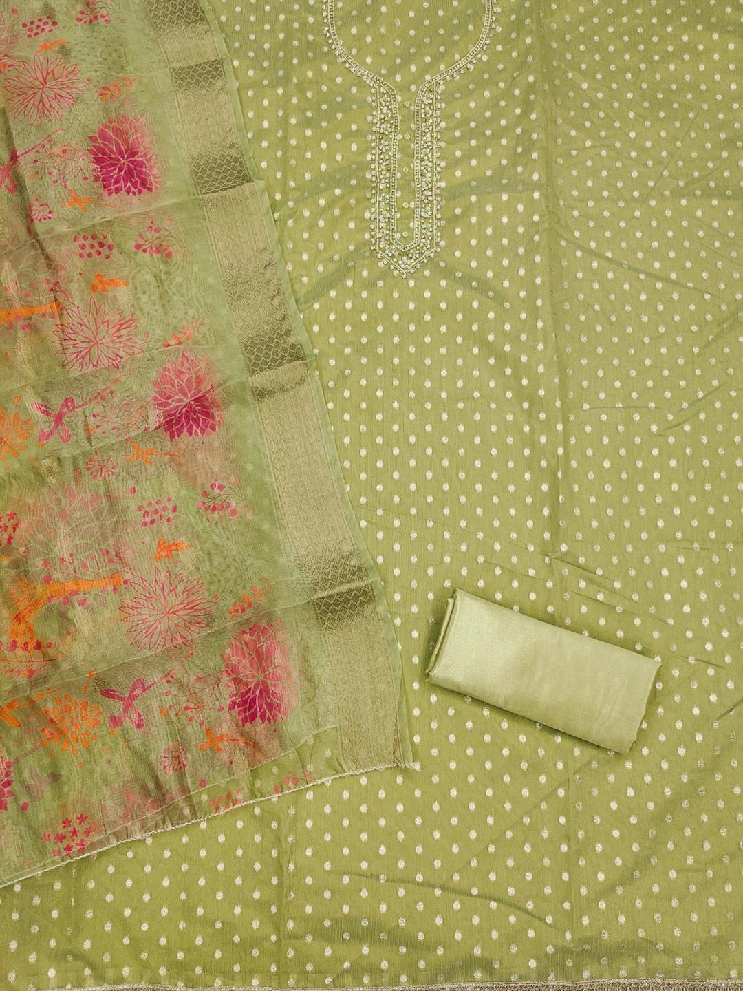 Premium Green Woven Shimmer Dress Material Enhanced With Delicate Moti Beads & Stone Handwork - Image 2