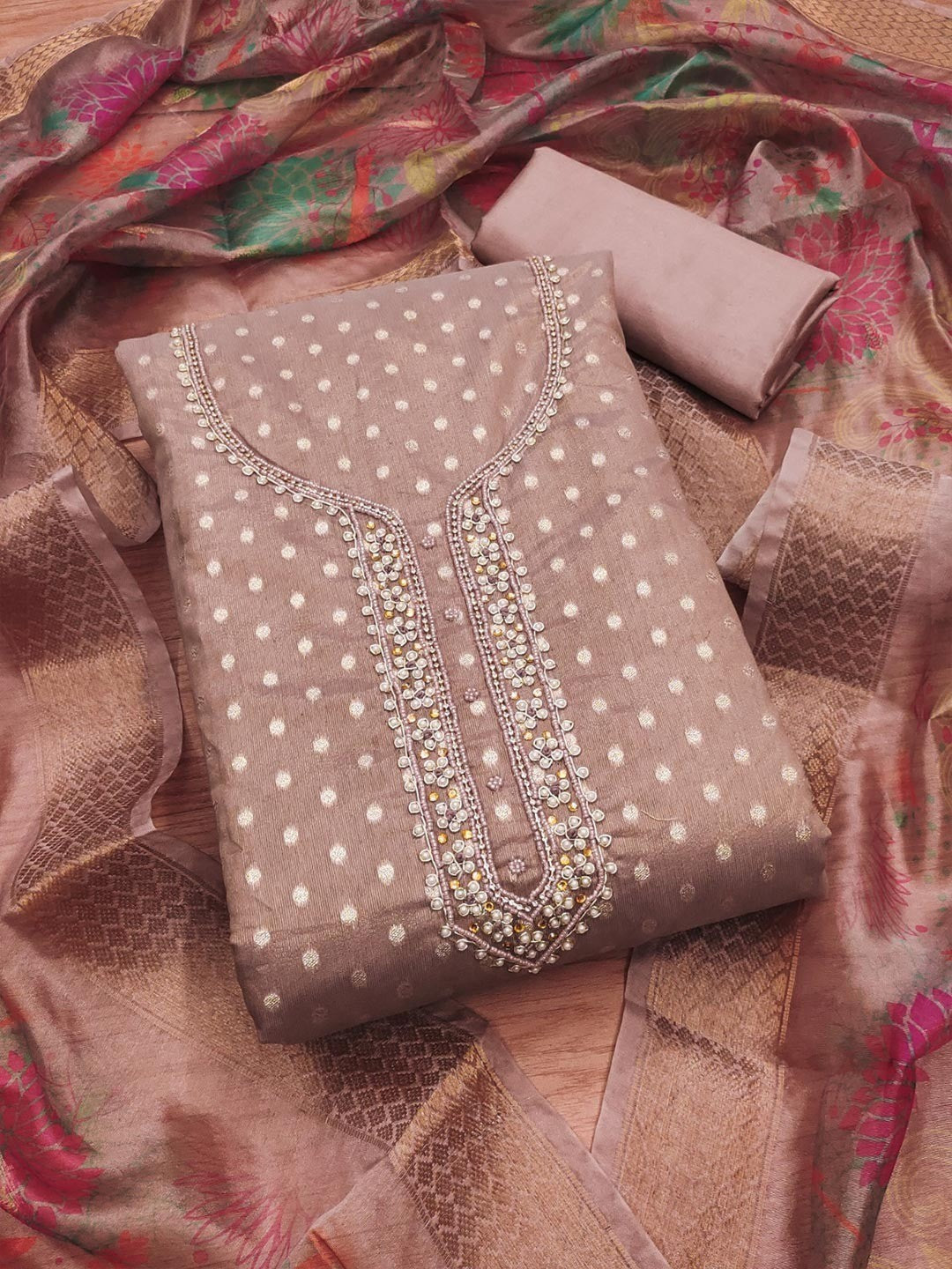Premium Mauve Woven Shimmer Dress Material Enhanced With Delicate Moti Beads & Stone Handwork - Image 4