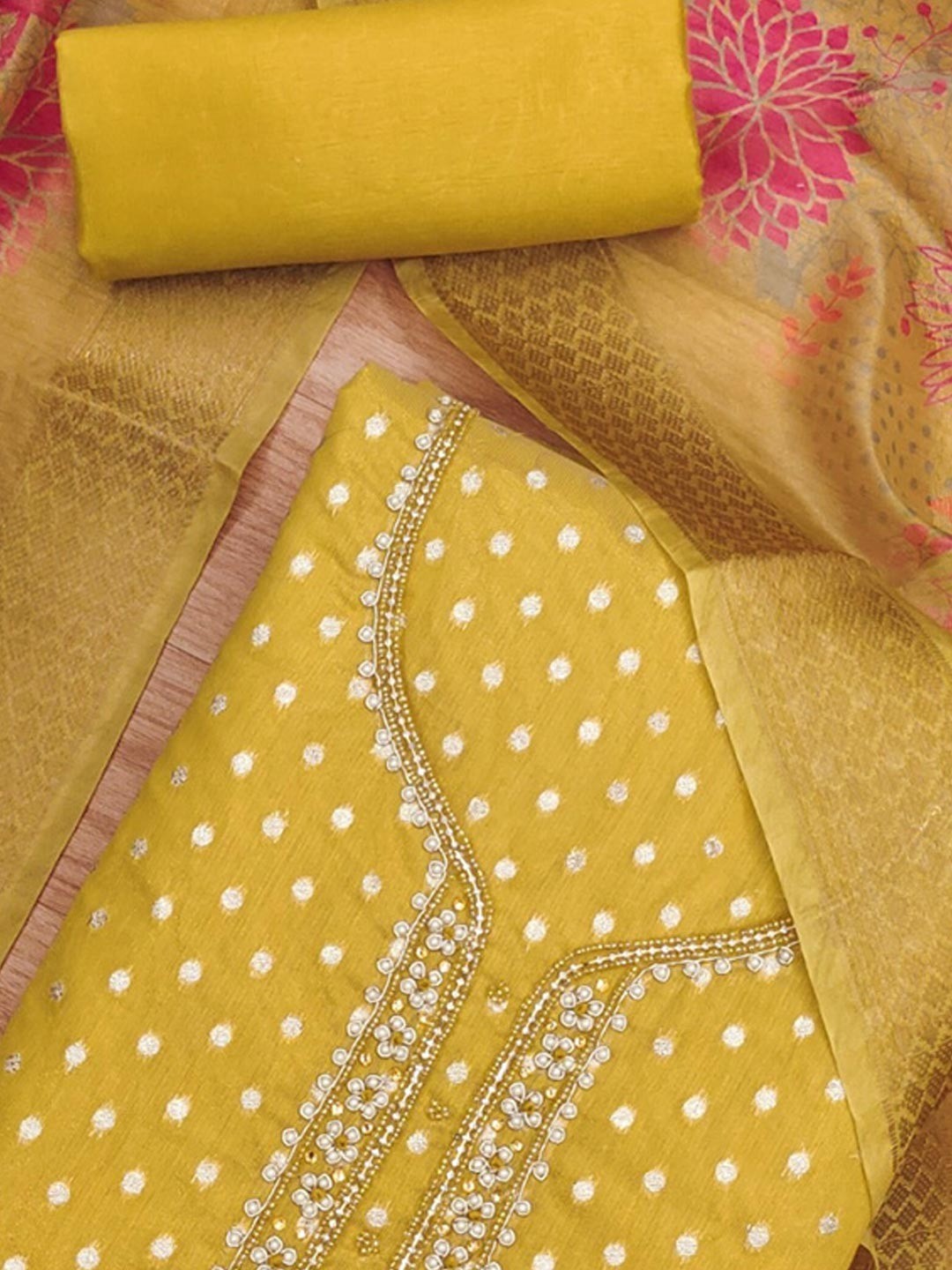 Premium Mustard Woven Shimmer Dress Material Enhanced With Delicate Moti Beads & Stone Handwork - Image 5