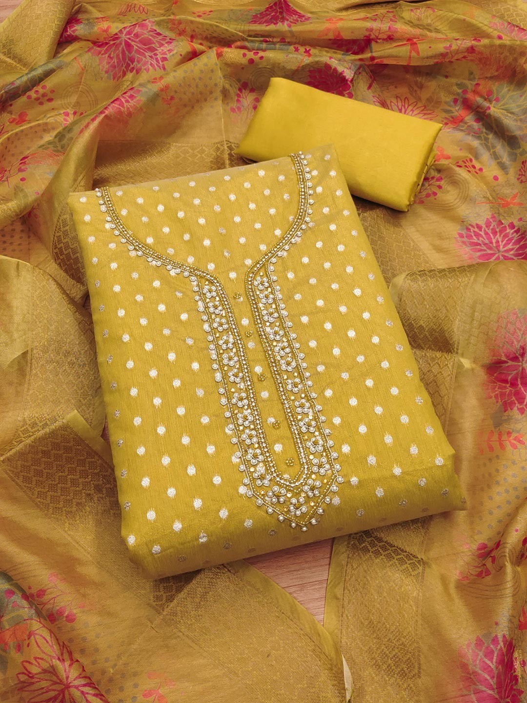 Premium Mustard Woven Shimmer Dress Material Enhanced With Delicate Moti Beads & Stone Handwork - Image 4