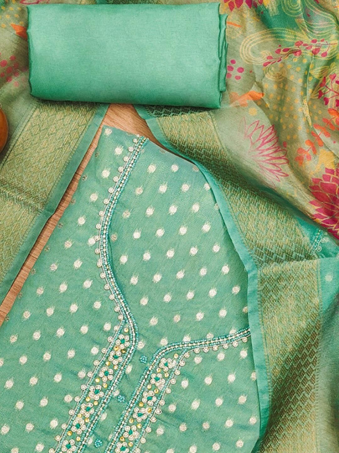 Premium Turquoise Woven Shimmer Dress Material Enhanced With Delicate Moti Beads & Stone Handwork - Image 5