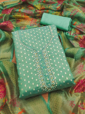 Premium Turquoise Woven Shimmer Dress Material Enhanced With Delicate Moti Beads & Stone Handwork - Image 4