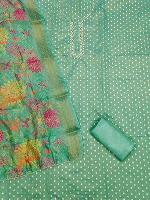 Premium Turquoise Woven Shimmer Dress Material Enhanced With Delicate Moti Beads & Stone Handwork - Image 2