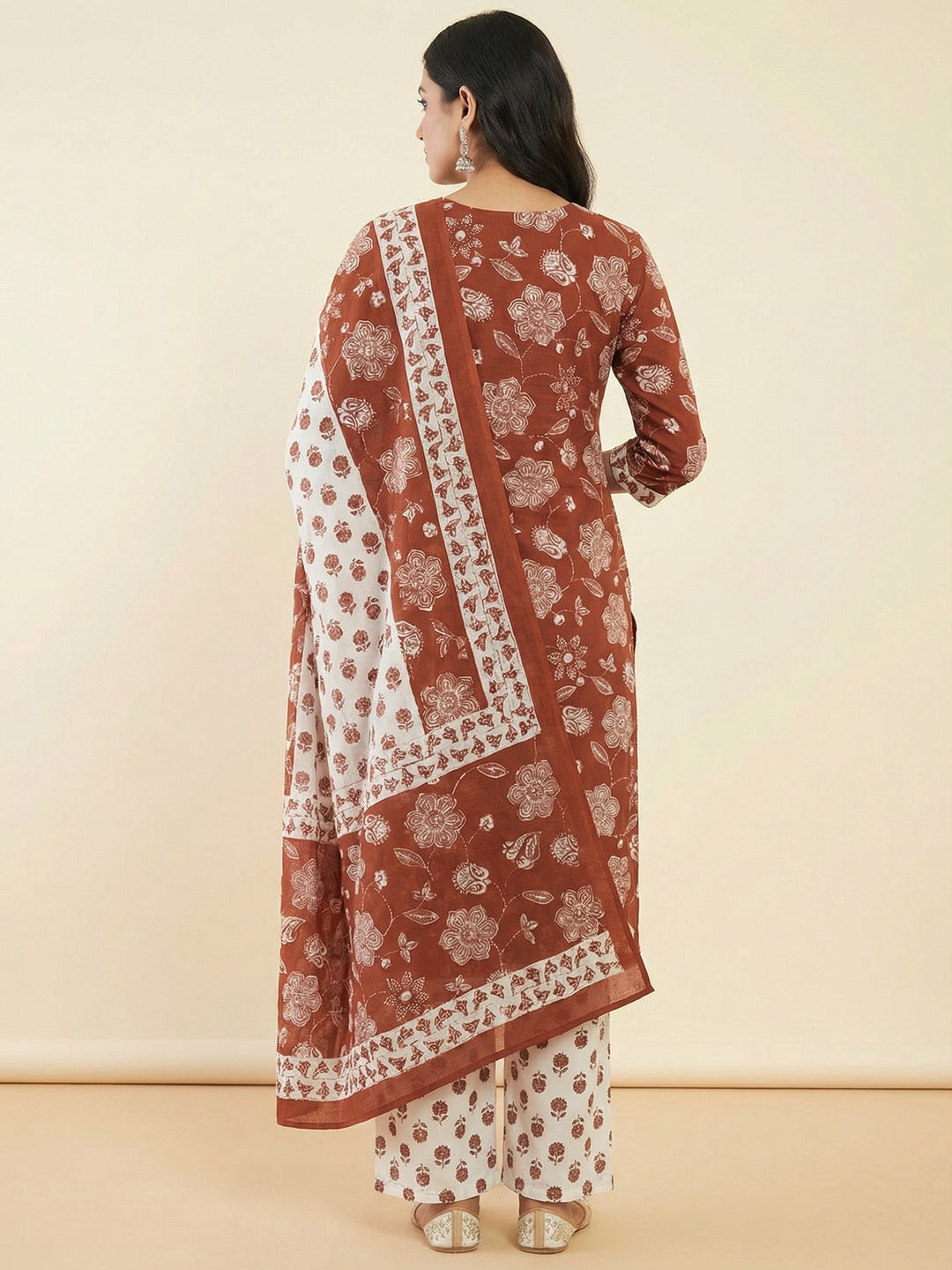 Festive Style Brown Floral Printed Cotton Salwar Suit with Coordinated Dupatta - Image 2