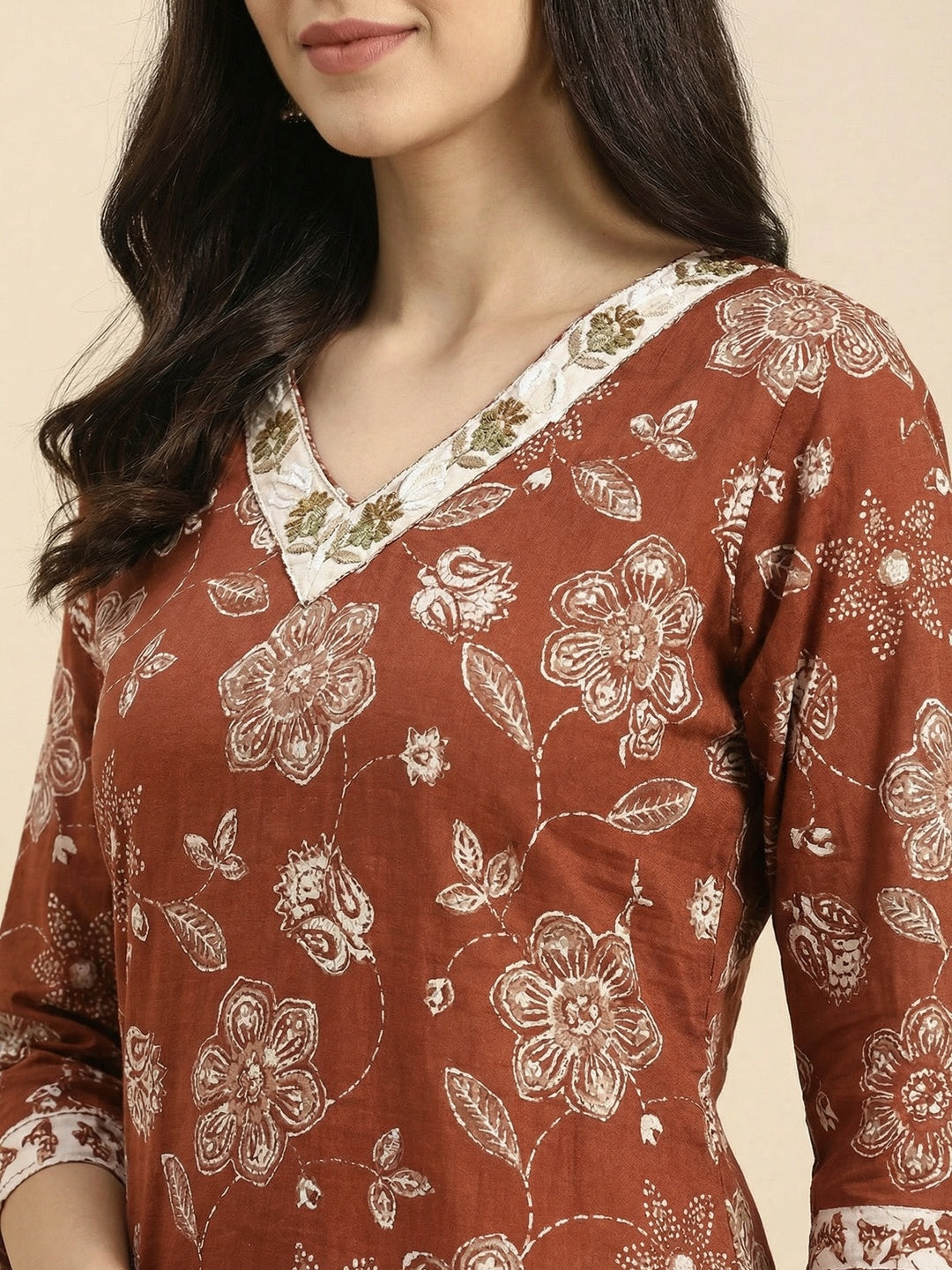 Festive Style Brown Floral Printed Cotton Salwar Suit with Coordinated Dupatta - Image 4