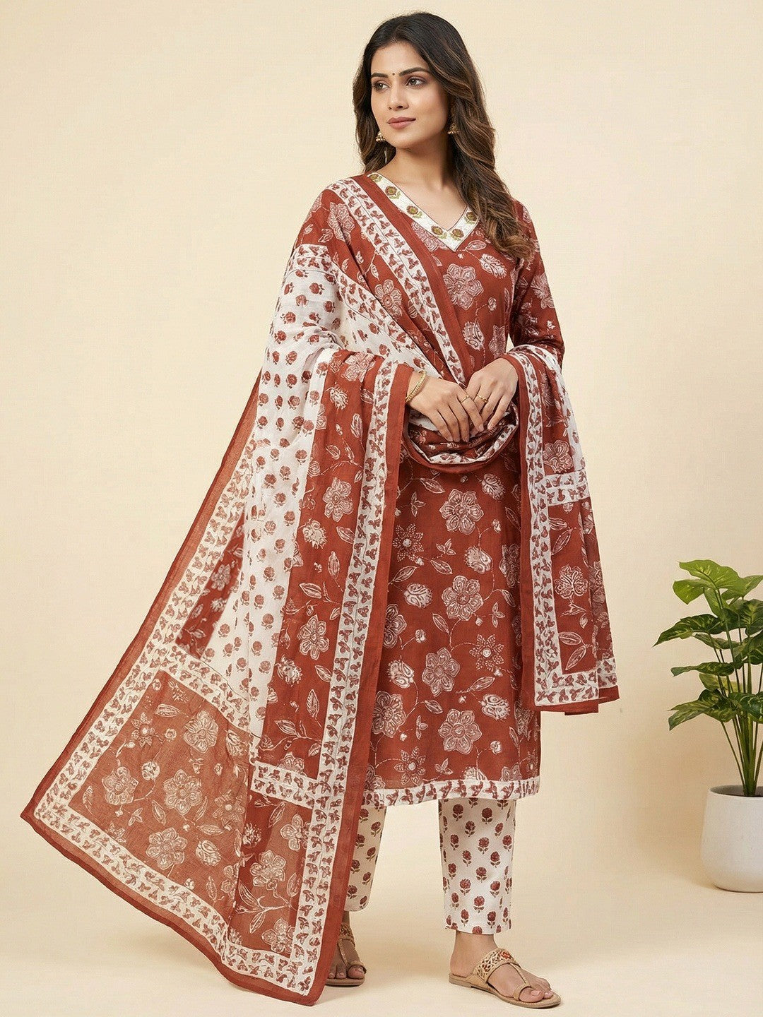 Festive Style Brown Floral Printed Cotton Salwar Suit with Coordinated Dupatta - Image 1
