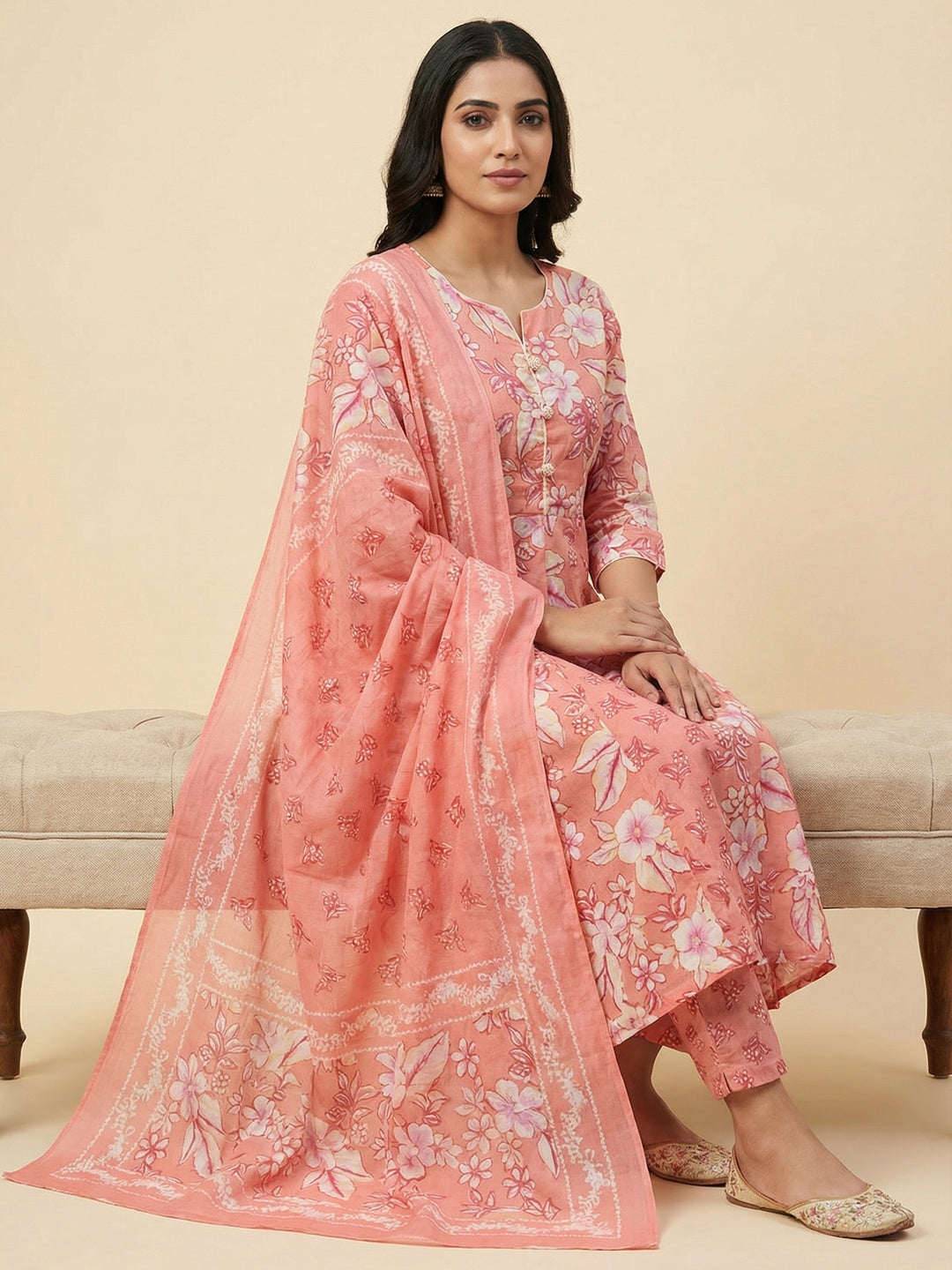 Coral Pink Floral Printed Cotton A-Line Salwar Suit for Modern Ethnic Fashion - Image 5