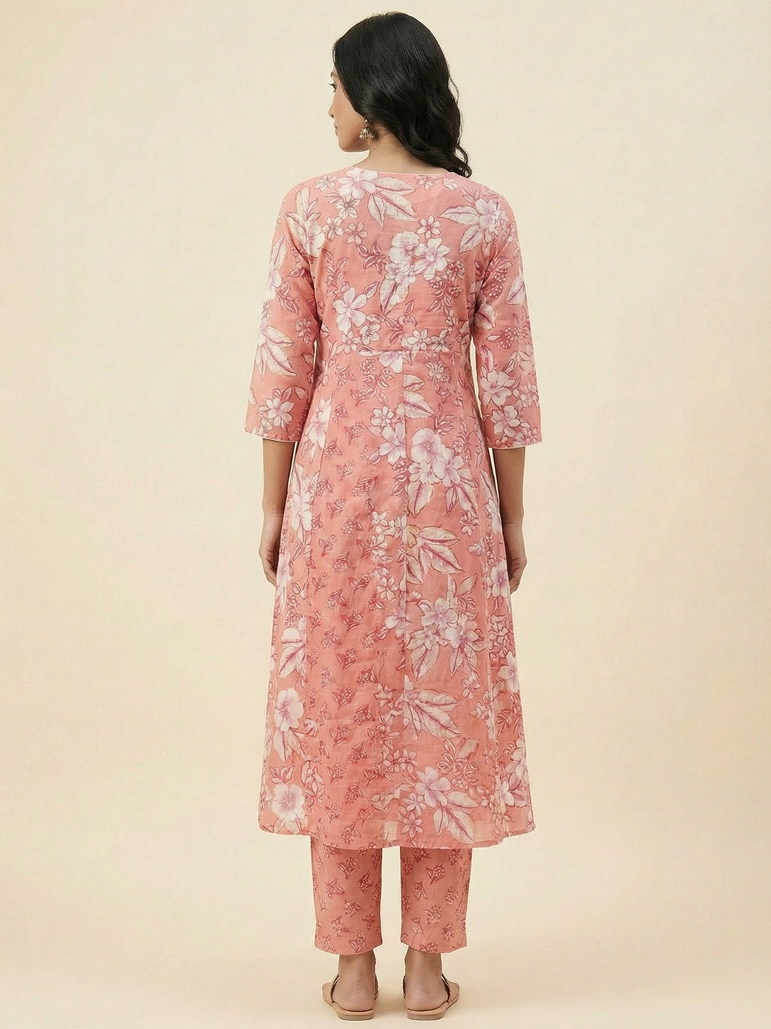 Coral Pink Floral Printed Cotton A-Line Salwar Suit for Modern Ethnic Fashion - Image 4