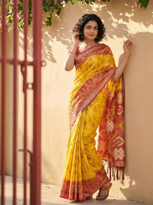 Royal Yellow Silk Blend Saree with Heritage Inspired Ikkat Border Design - Image 1