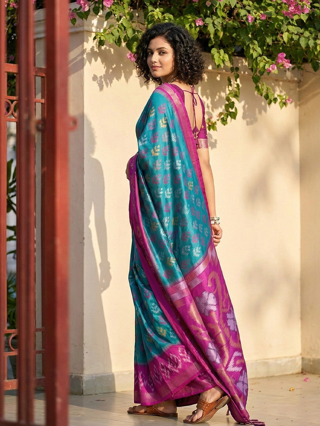 Blue Silk Blend Saree with Heritage Inspired Ikkat Border Design - Image 3