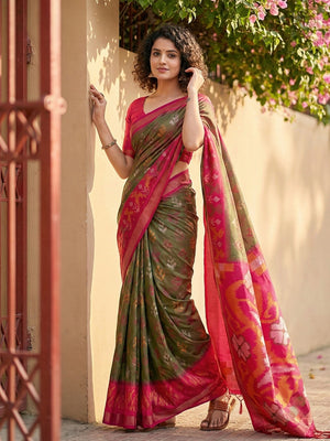 Olive Silk Blend Saree with Heritage Inspired Ikkat Border Design - Image 1