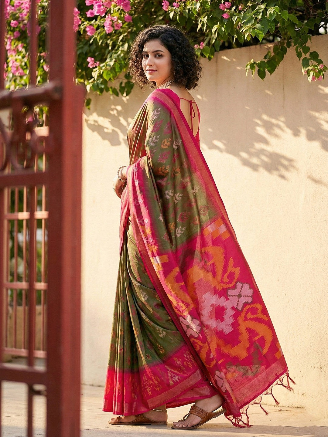 Olive Silk Blend Saree with Heritage Inspired Ikkat Border Design - Image 3