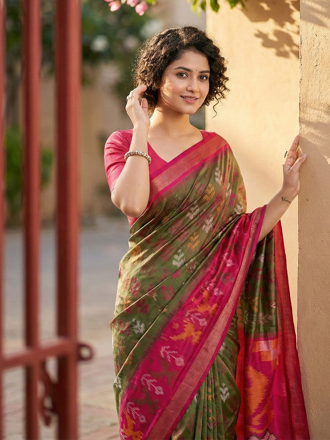 Olive Silk Blend Saree with Heritage Inspired Ikkat Border Design - Image 3