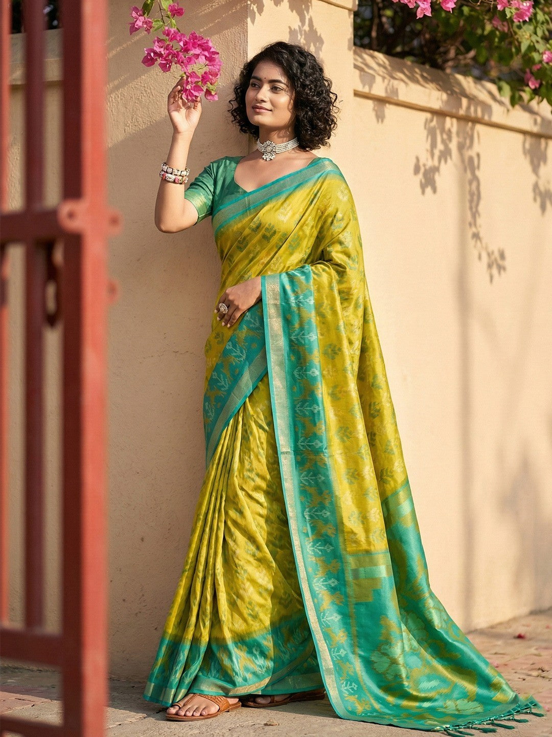 Yellow Silk Blend Saree with Heritage Inspired Ikkat Border Design - Image 1