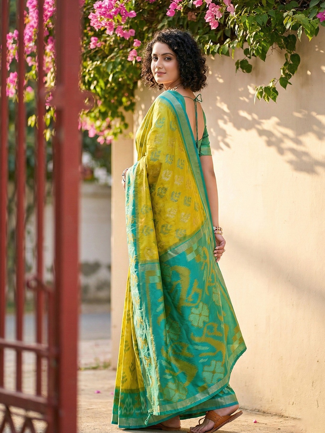 Yellow Silk Blend Saree with Heritage Inspired Ikkat Border Design - Image 3