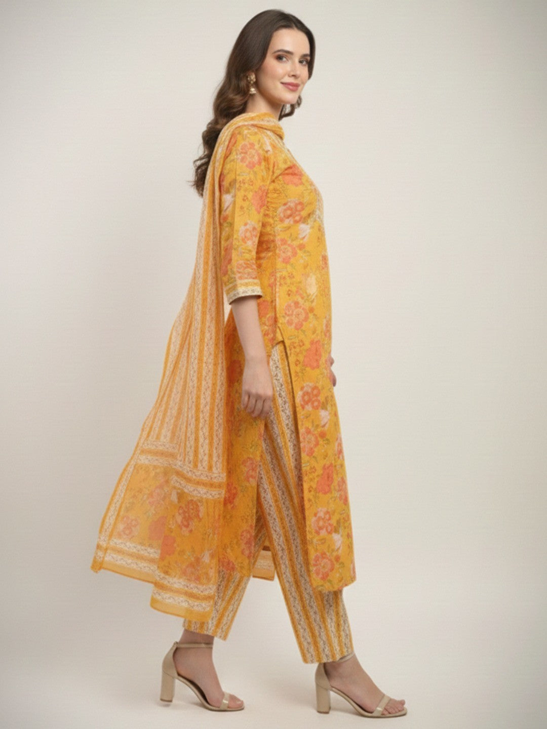 Yellow Floral Print Pure Cotton Straight Fit Ethnic Suit for Elegant Styling - Image 2
