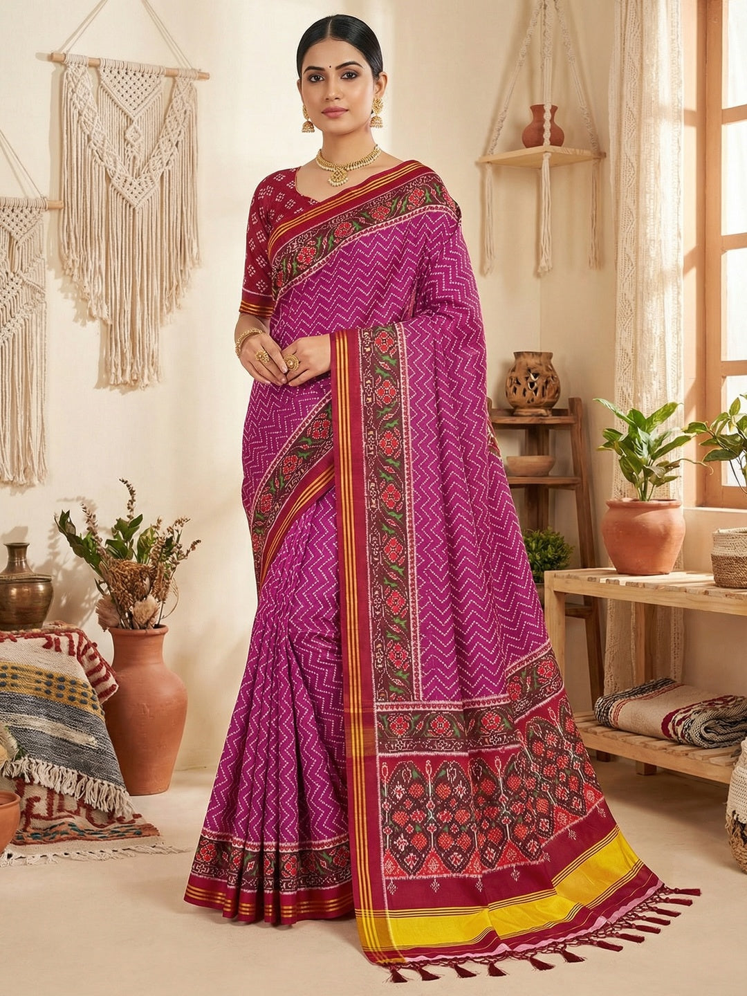 Traditional Magenta Patola Print Handloom Silk Saree with Pallu Tassel Detailing - Image 1