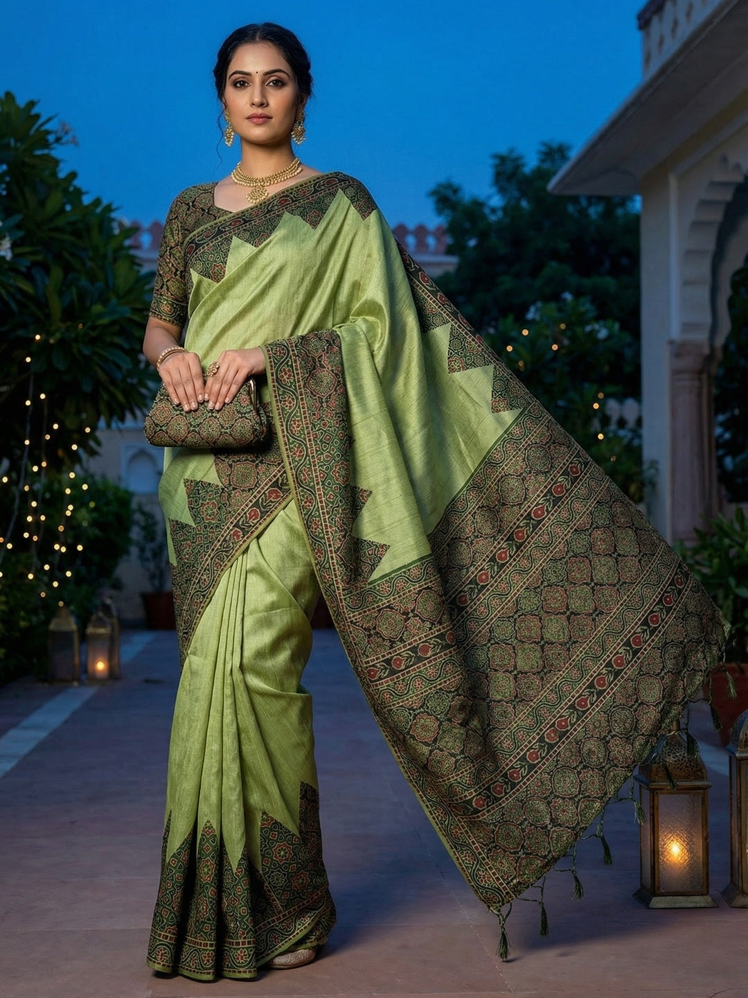 Green Traditional Ajrakh Printed Handloom Tussar Silk Saree - Image 1