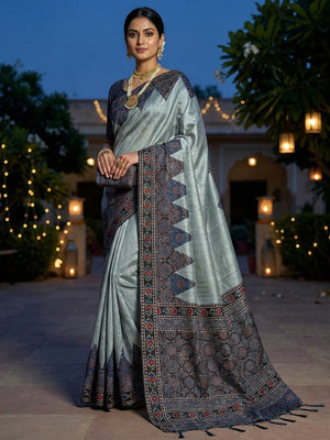 Grey Traditional Ajrakh Printed Handloom Tussar Silk Saree - Image 1