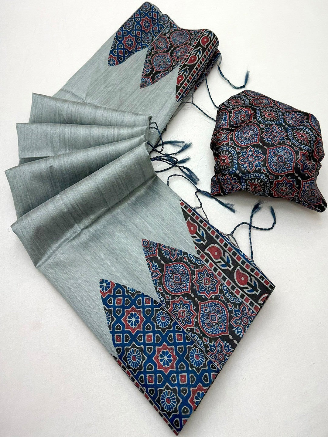 Grey Traditional Ajrakh Printed Handloom Tussar Silk Saree - Image 3