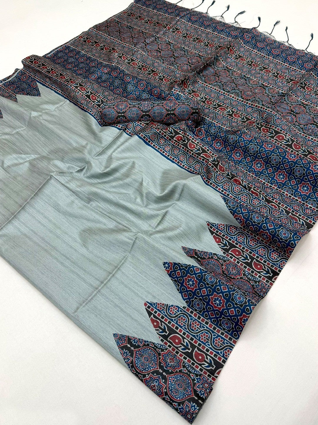 Grey Traditional Ajrakh Printed Handloom Tussar Silk Saree - Image 2