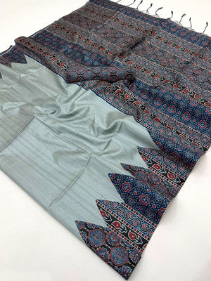 Grey Traditional Ajrakh Printed Handloom Tussar Silk Saree - Image 2