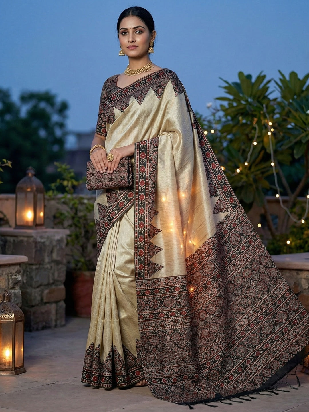 Cream Traditional Ajrakh Printed Handloom Tussar Silk Saree - Image 1
