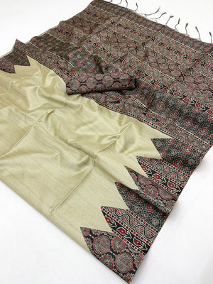 Cream Traditional Ajrakh Printed Handloom Tussar Silk Saree - Image 2
