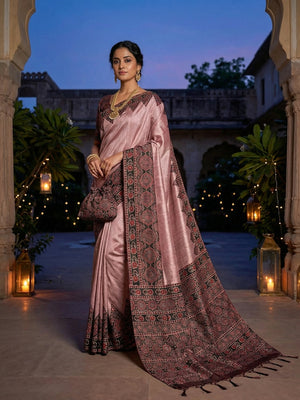 Rose Pink Traditional Ajrakh Printed Handloom Tussar Silk Saree - Image 1