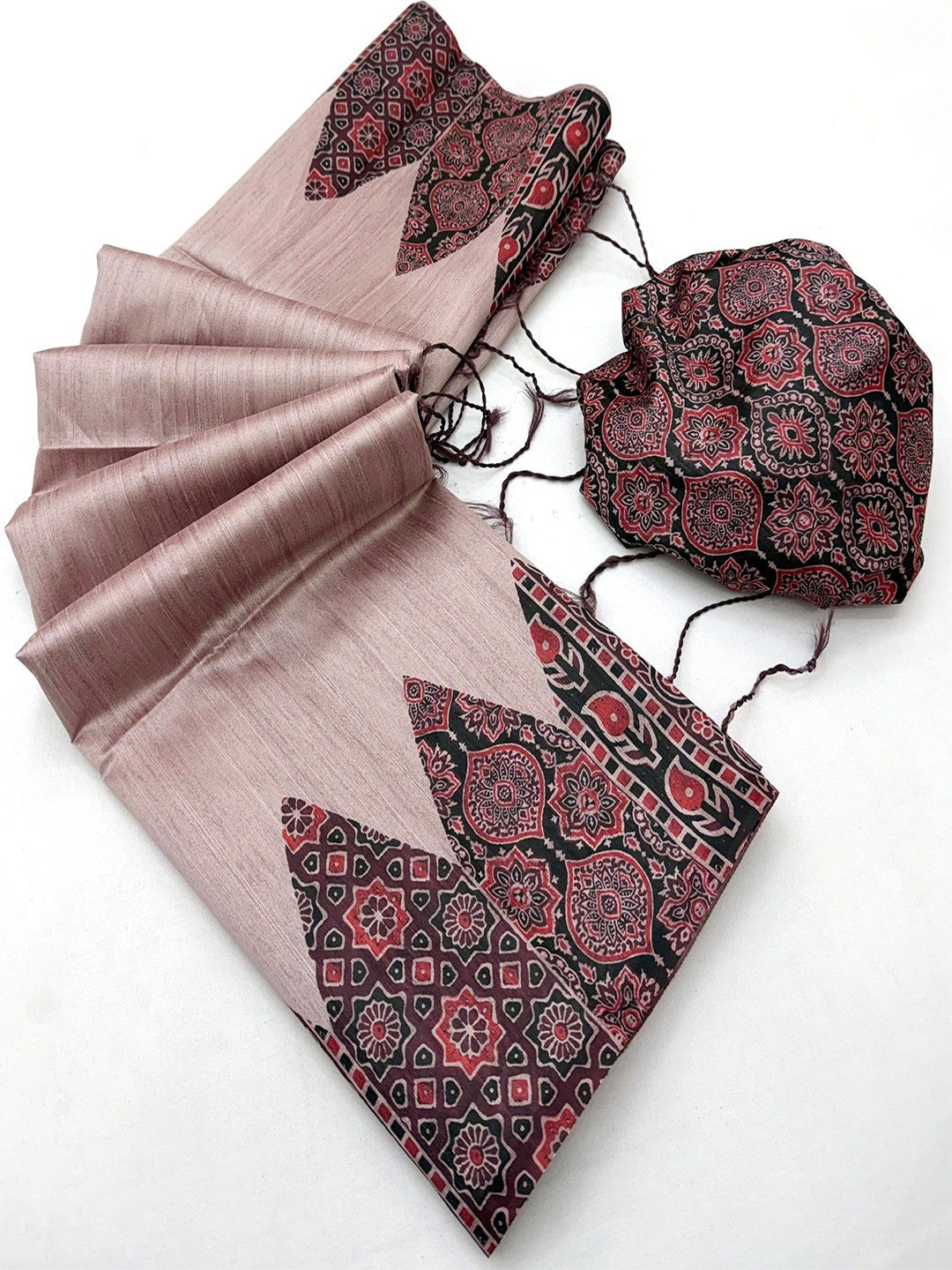 Rose Pink Traditional Ajrakh Printed Handloom Tussar Silk Saree - Image 3
