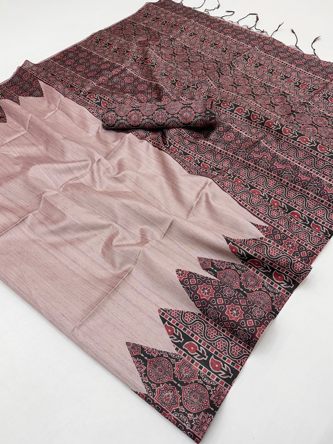 Rose Pink Traditional Ajrakh Printed Handloom Tussar Silk Saree - Image 2