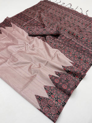 Rose Pink Traditional Ajrakh Printed Handloom Tussar Silk Saree - Image 2