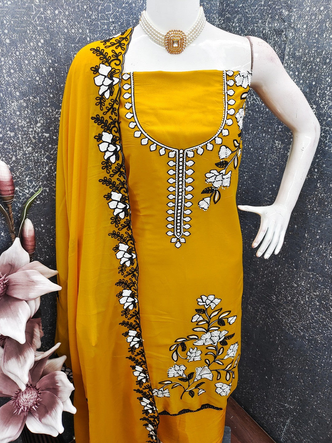 Mustard Premium Star Georgette Dress Material Featuring Intricate Floral Embroidery - Image 2