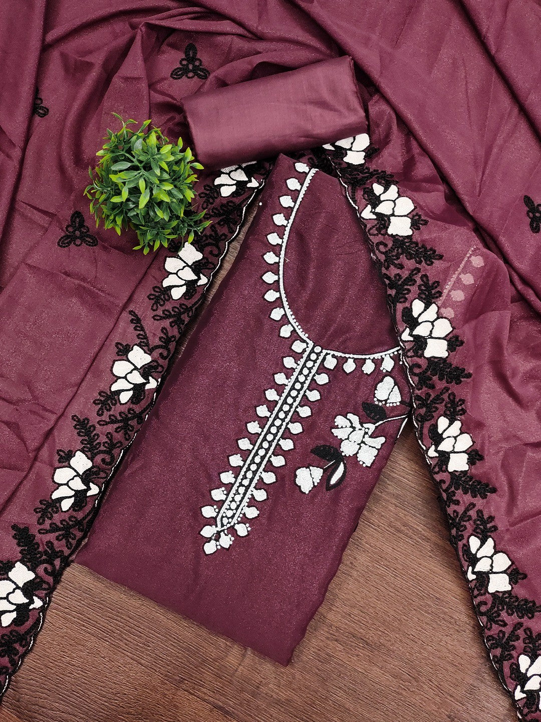 Mauve Premium Star Georgette Dress Material Featuring Intricate Floral Embroidery - Image 1