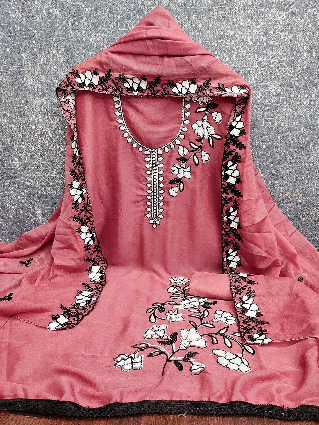 Peach Premium Star Georgette Dress Material Featuring Intricate Floral Embroidery - Image 3