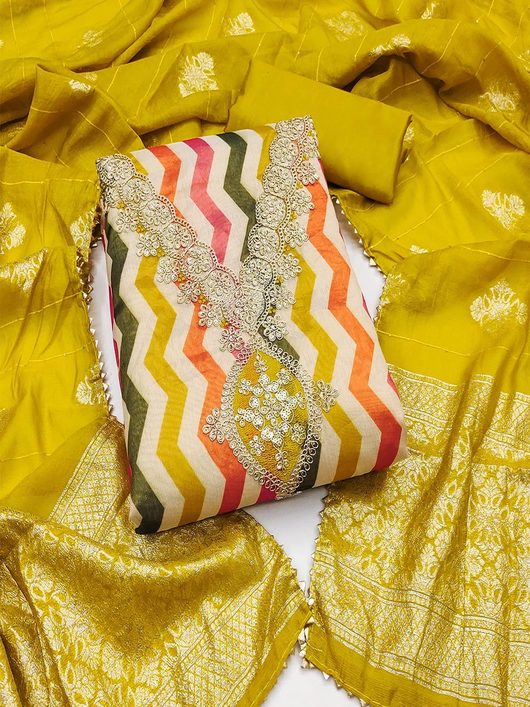 Mustard Shimmer Silk Dress Material Featuring Stylish Zig-Zag Printed Patterns - Image 1